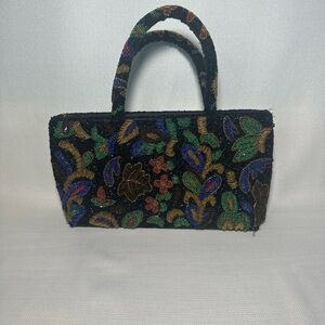 Black Beaded Purse with Multicolor Floral Pattern